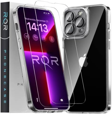 RQR אטום הלם תואם לאייפון 13 פרו מקסימום מארז עם מגן מסך זכוכית מחוסמת 2x, [אנטי צינור] מארז טלפון מגן